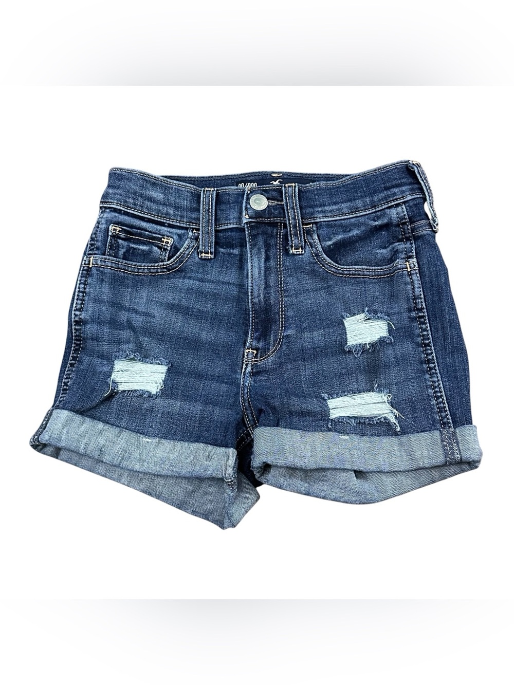 Hollister Womens 00/000 High Rise 3” Denim Shorts Distressed Cuffed Dark Wash